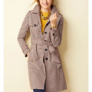Talbots Polished Plaid Long Sleeve Belted Trench Coat Brown Black Size M PETITE